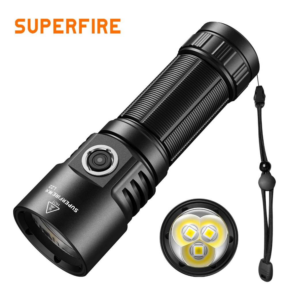 SUPERFIRE L22 ไฟฉาย 60W 5000 ลูเมน สว่างจ้า ชาร์จไฟได้ 3 หลอด กลางแจ้ง ฉุกเฉิน ควบคุมอุณหภูมิอัจฉริยะ
