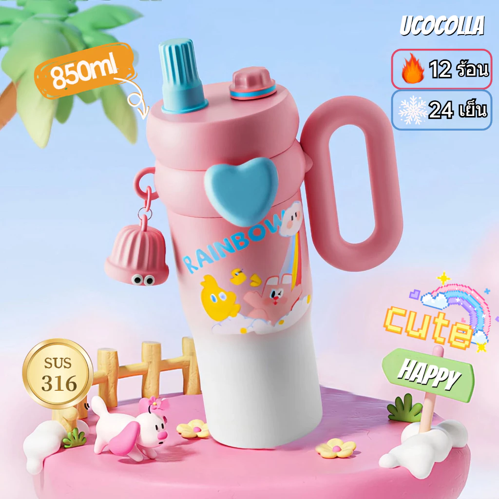 UCOCOLLA แก้วน้ำพาสเทล พร้อมพวงกุญแจ หูจับใหญ่ แก้วน่ารักจุน้ำได้เอยะ เก็บเย็นนาน แก้วน้ำเก็บความเย็น ลายการ์ตูน 850ml - รูปที่ 1