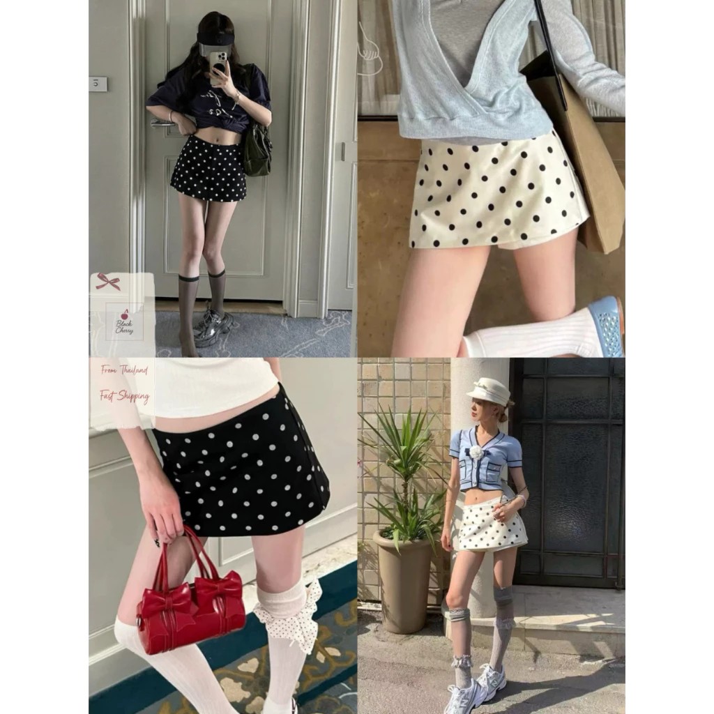 Skirt Pants กระโปรง เอวต่ำ ลายจุด มีซับกางเกง ทรงสั้น Y2K ใส่ง่าย | Black Cherry