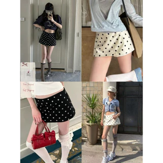 Skirt Pants กระโปรง เอวต่ำ ลายจุด มีซับกางเกง ทรงสั้น Y2K ใส่ง่าย | Black Cherry