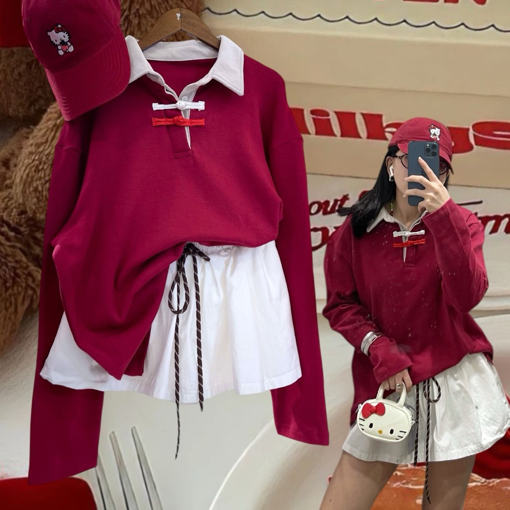 polo china collar top.🪭🧧 เสื้อคอปก ทรง polo แขนยาว โทนแดง แต่งปกสีตัด แต่งอะไหล่ปักกระดุมจีน น่ารักม