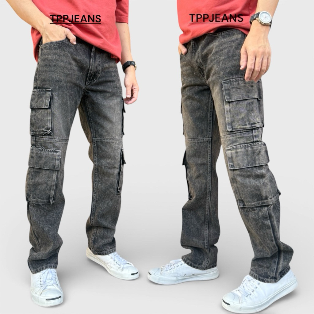 JXP  Men Cargo Denim กางเกงยีนส์ชายคาร์โก้ ทรงกระบอกเล็ก เป้าซิป รุ่น8กระเป๋าใช้งานได้จริง เอว 28“-36