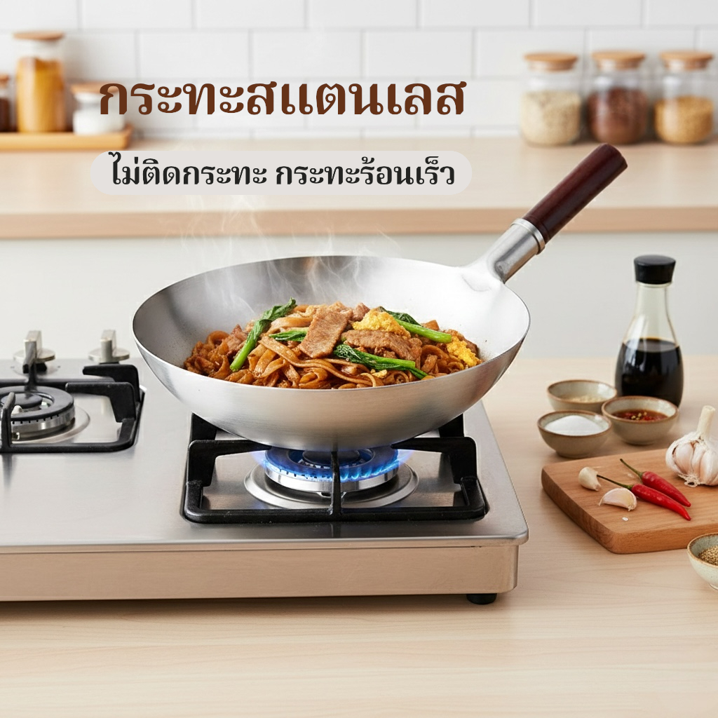 กระทะสแตนเลสก้นลึก กระทะทอดและผัด ทนความร้อน ไม่ติดกระทะ ทรงก้นลึก ร้อนเร็วสุกไว ด้ามจับแข็งแรง