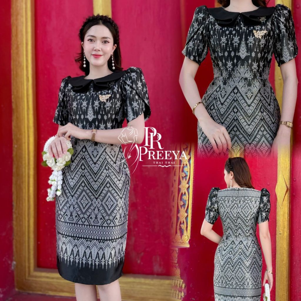 PR169 เดรสผ้าฝ้ายทอลาย ยกแขน อัดกาวทั้งชุด  แบรนด์ preeya มีไซส์S-4XL ชุดไทย