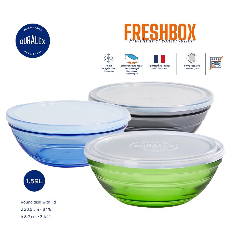 กล่องเก็บอาหาร  3 สี  Duralex ไมโครเวฟได้ รุ่น FRESHBOX Round dish with lid ขนาด 1.59L (1ชิ้น)