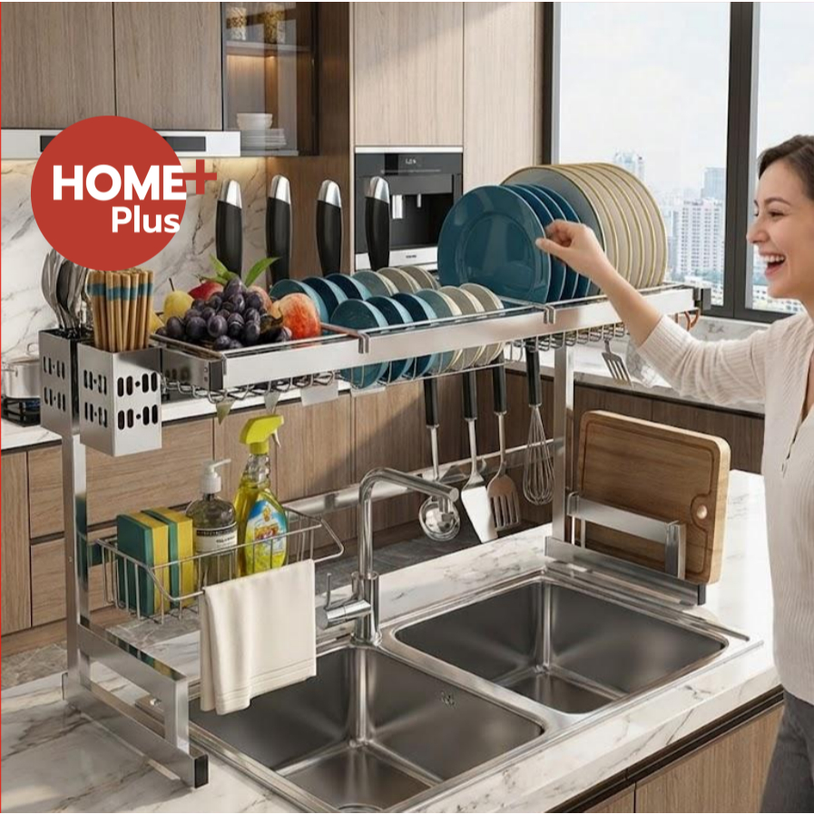 Homeplus ชั้นวางจาน สแตนเลส 304 คร่อมอ่างล้างจาน รับน้ำหนักได้เยอะ อุปกรณ์ครบชุด 85/95/105/125cm ที่วางจาน 2 ชั้น