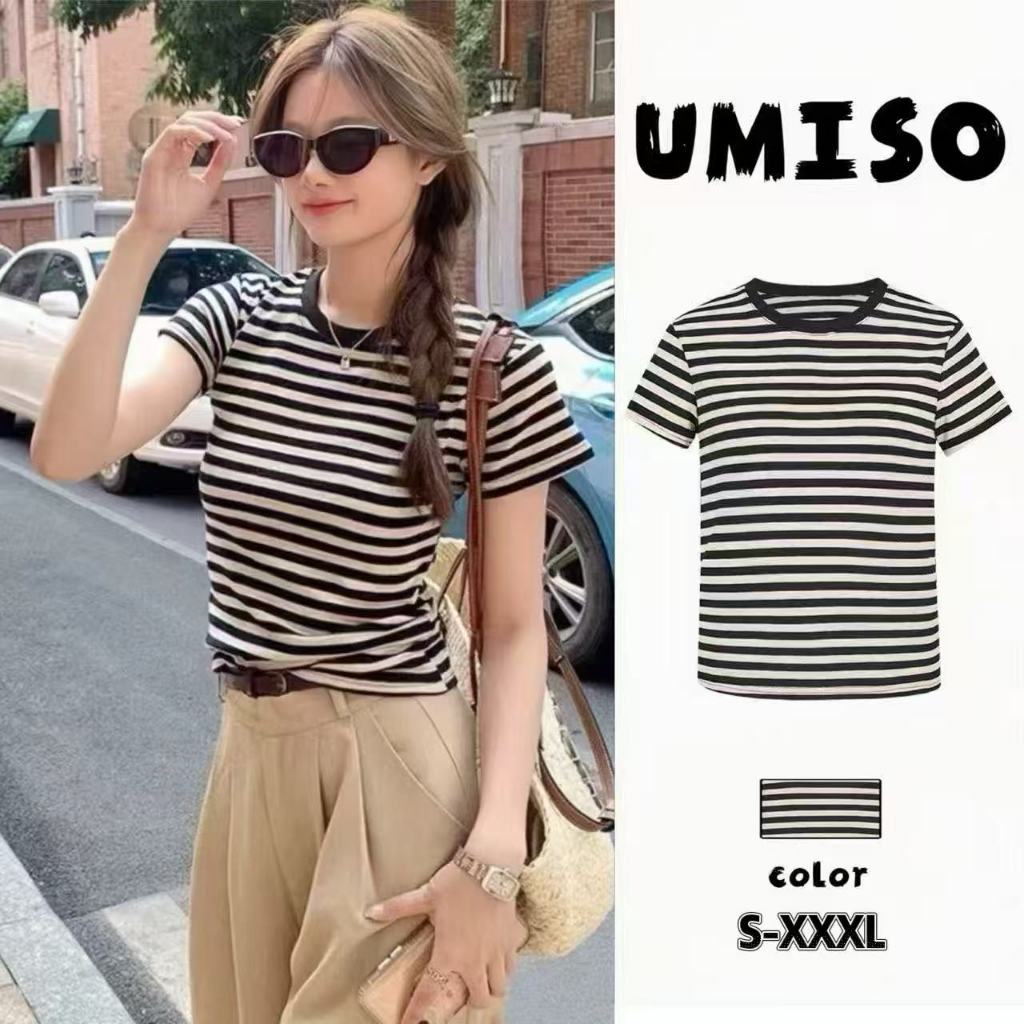 ส่งไวจากไทย คอกลม เสื้อยืดแขนสั้นลายทางสีดำและสีขาวสไตล์ใหม่สำหรับผู้หญิง UMISO