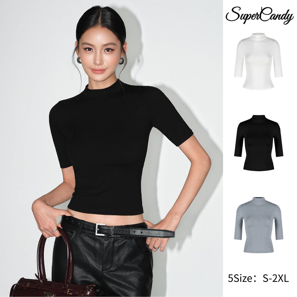 SuperCandy🌷เสื้อยืดคอเต่าสีพื้นเรียบหรูสำหรับผู้หญิง สไตล์ใหม่ปี 2026 ทรงเข้ารูป แขนสั้น เสื้อตัวใน