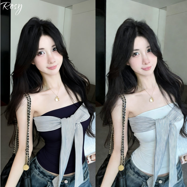 เสื้อกล้ามเกาะอกสีพื้น ตกแต่งด้วยโบว์ลายทาง สวมใส่สบาย สไตล์เกาหลี เสื้อสายเดี่ยวสำหรับผู้หญิง