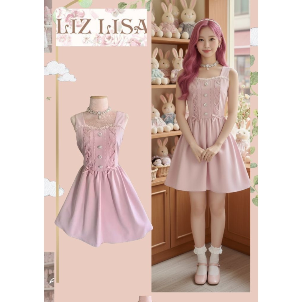 เดรส แบรนด์ Lizlisa  สีชมพู ใหม่มากคะ ผ้าซับในอย่างดี กระดุมมุข ประดับริบบิ้น สวยมากๆ 😘💕แบรนด์ญี่ปุ่