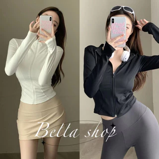 Bella Shop เสื้อแจ็คเก็ตวอร์มแขนยาวสีดำผู้หญิง ทรงสลิม เสื้อแจ็คเก็ตสั้น สไตล์สปอร์ต ผ้าเนื้อนุ่ม ใส่สบาย