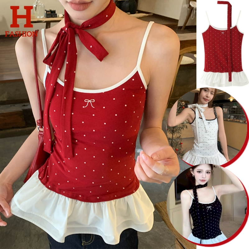 HOT รับประกันคุณภาพ! พร้อมส่งจากไทย เสื้อสายเดี่ยว มีฟองน้ำ แต่งลายโบว์ ลายจุด ทรงสวย FY6106