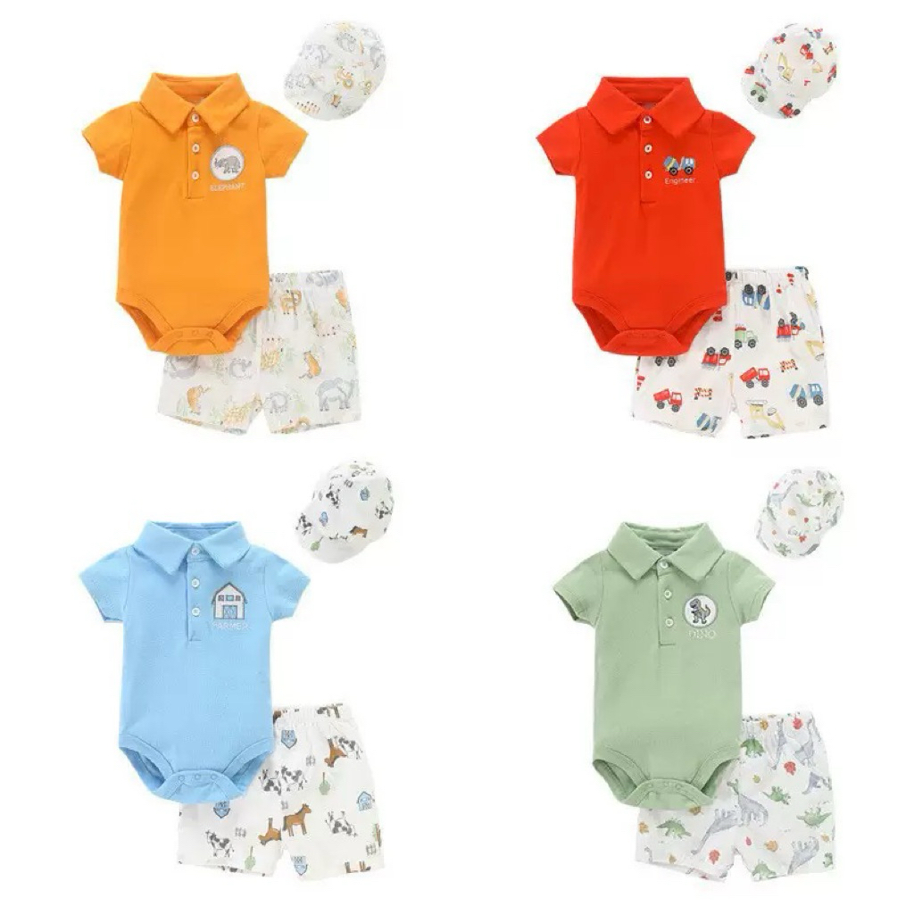 Babyculture Flashsaleชุดเซต3ชิ้น บอดี้สูท กางเกงขาสั้น หมวกสุดเท่ ใส่สบาย ระบายอากาศได้ดี