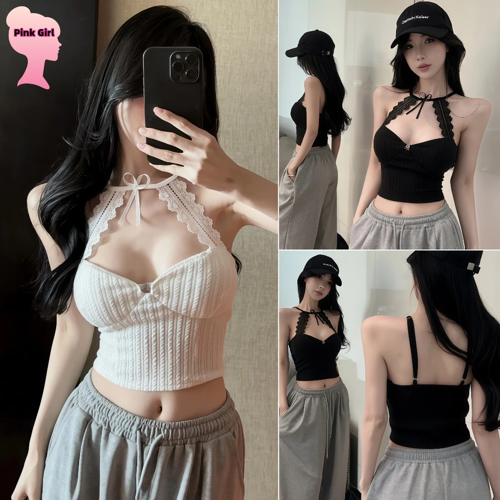 💋Pink girl💋Jan เสื้อลายเดี่ยว เสริมฟองน้ำ ดีเทลแต่งคล้องคอเพิ่มลูกไม้ เสื้อผ้าแฟชั่นผู้หญิง Sexy Outfits' FY2907