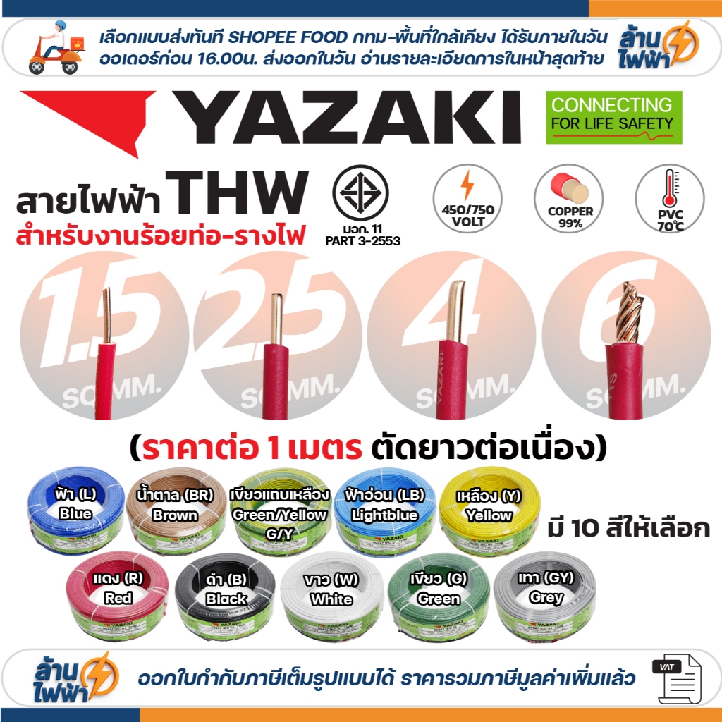 (ราคาต่อ1เมตร ตัดยาวต่อเนื่อง ) THAI YAZAKI สายไฟ THW ทองแดง แกนเดี่ยว แข็ง 1.5 / 2.5 / 4 / 6 sqmm มอก. ไทย ยาซากิ