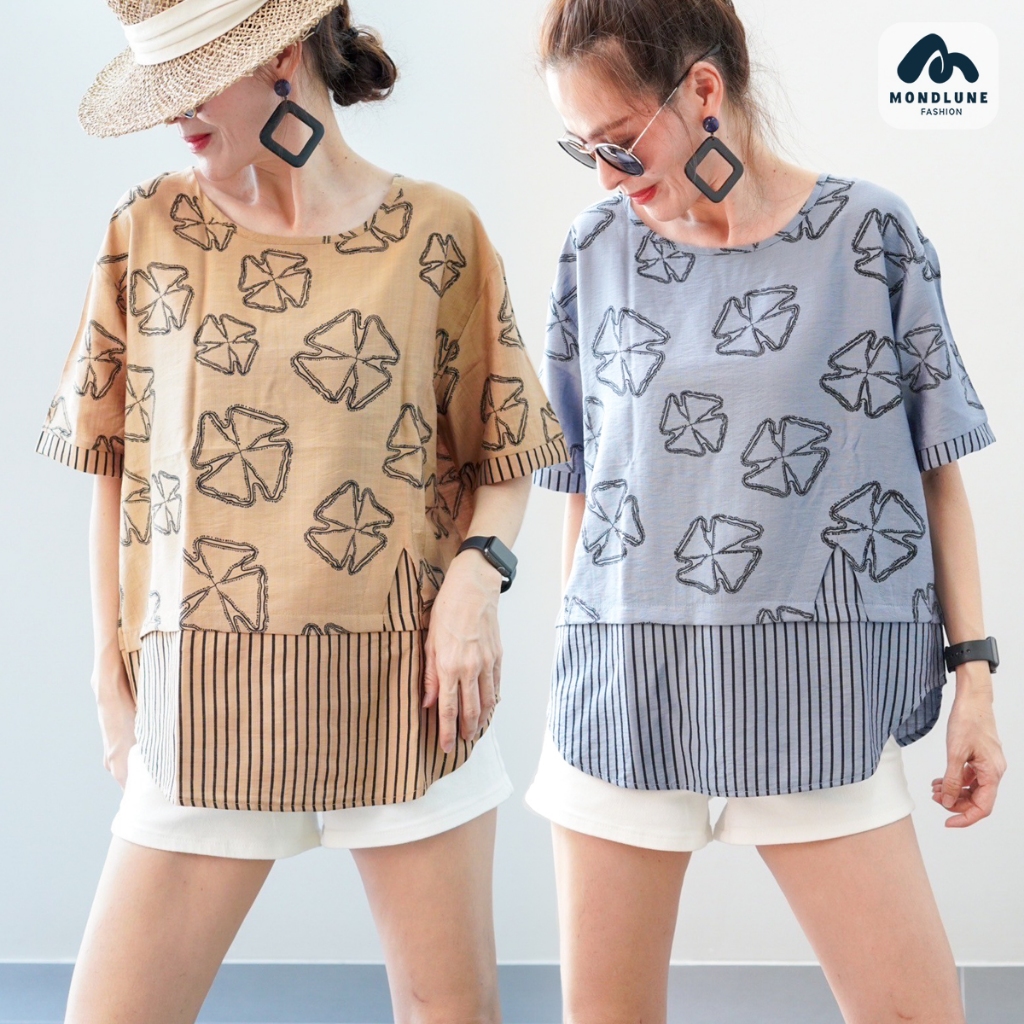 #3708 MondLune เสื้อเบลาส์คอกลม แขนสั้น ดีไซน์ตัดต่อ ผ้าไหมเกาหลี พิมพ์ลาย ใส่สบาย