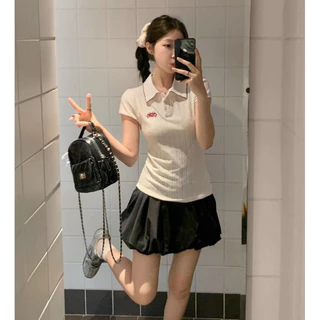 🦄พร้อมส่ง✨เสื้อยืดแขนสั้นคอปก เสื้อครอปไหมพรม เสื้อคอปกกระดุมหน้า ผ้านิ่ม ใส่บาย มินิมอล สไตล์เกาหลี