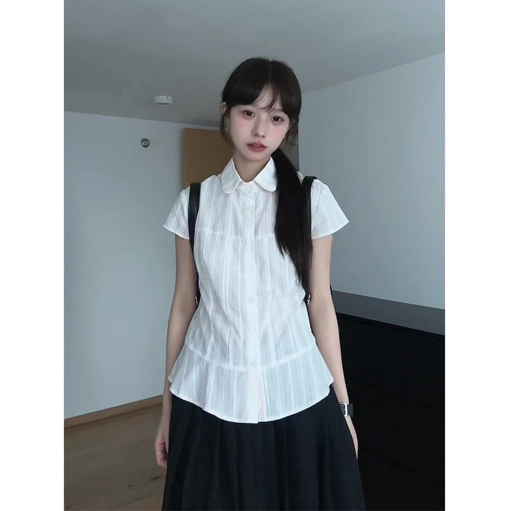 ❤️จัดส่งตลอด 24 ชั่วโมง❤️【xxavc825h0】เสื้อเชิ้ตแขนสั้นลายขวางโปโล+เอวสูงสำหรับผู้หญิง