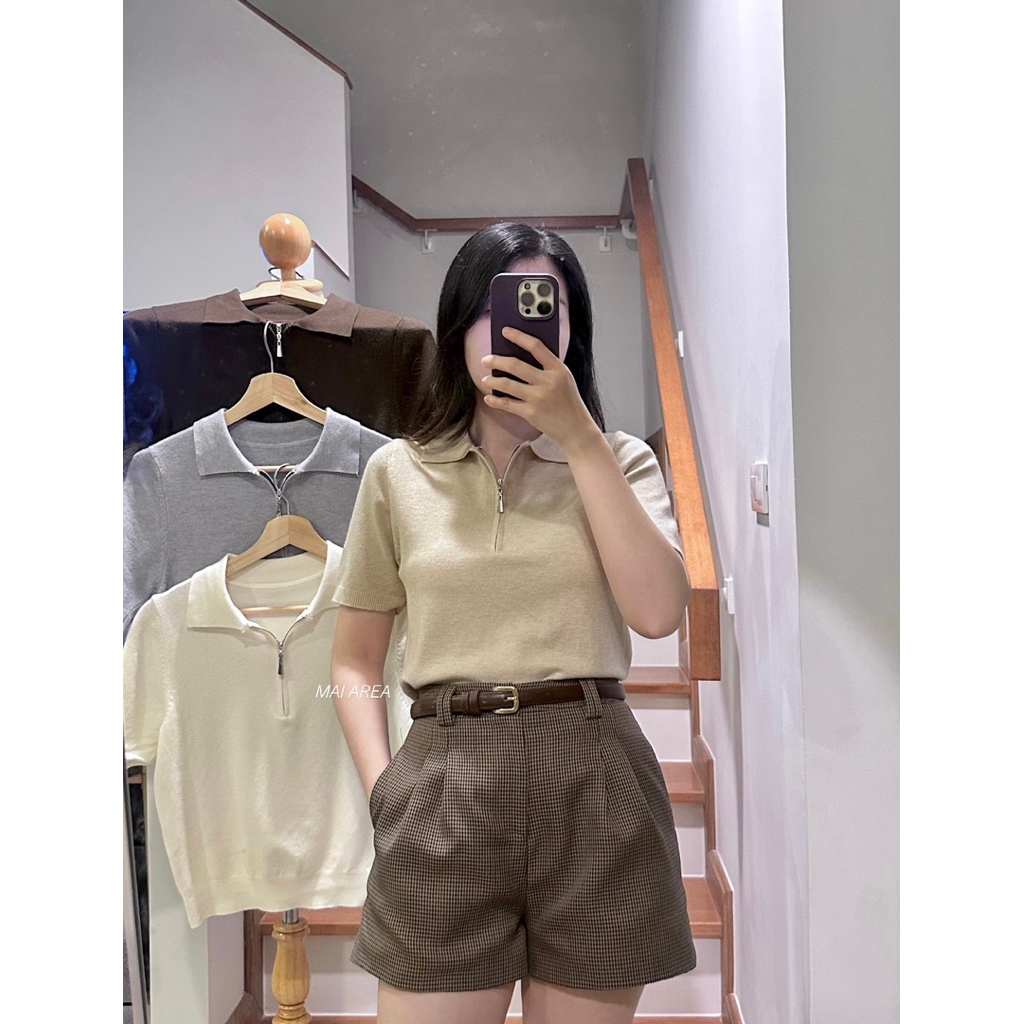 ✿MAI AREA✿ 124 เสื้อแขนสั้นซิปสีพื้นไหมผ้านิ่มมากก