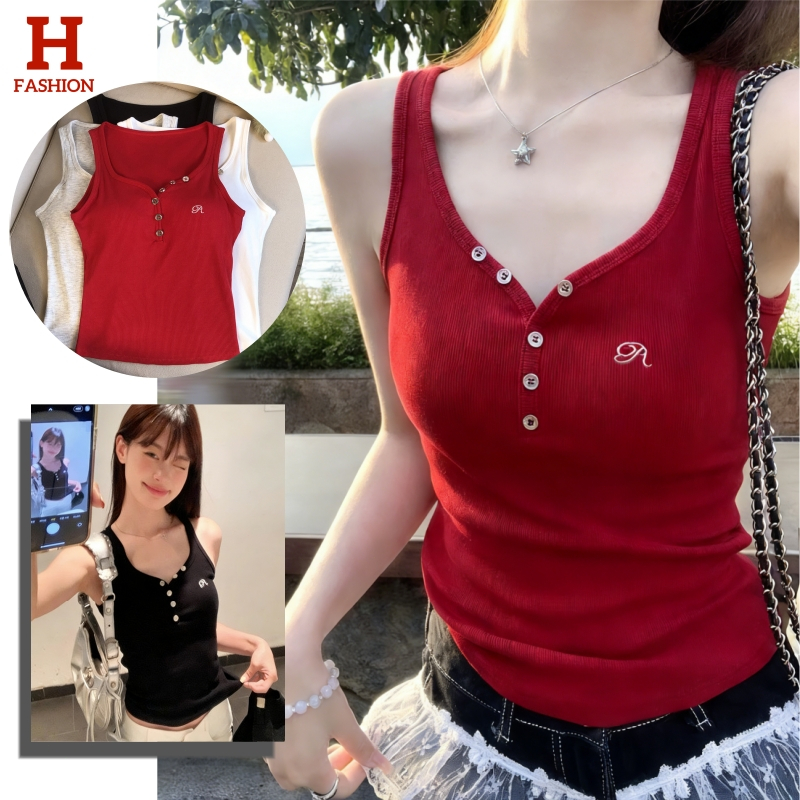 แมทได้ทุกลุค! HOT พร้อมส่ง'  เสื้อสายเดียวกระชับคอ V แถวกระดุมถังตัวเองกับแผ่นหน้าอก FY10108
