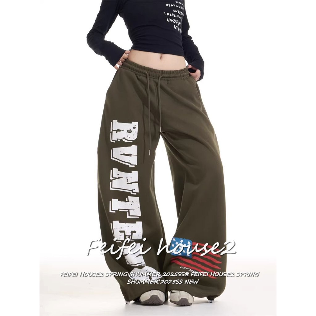[Women's letter flag print trousers]ผู้หญิงตัวอักษรและธงพิมพ์ลายย้อนยุคกางเกงขายาวเอวสูงทรงขากว้าง