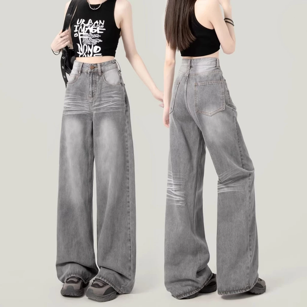 S~5XL Cement Gray Baggy jeans กางเกงขาตรงสีเทาอินเทรนด์ 2026 กางเกงยีนส์ลำลองเอวสูงใหม่หลวม HOT
