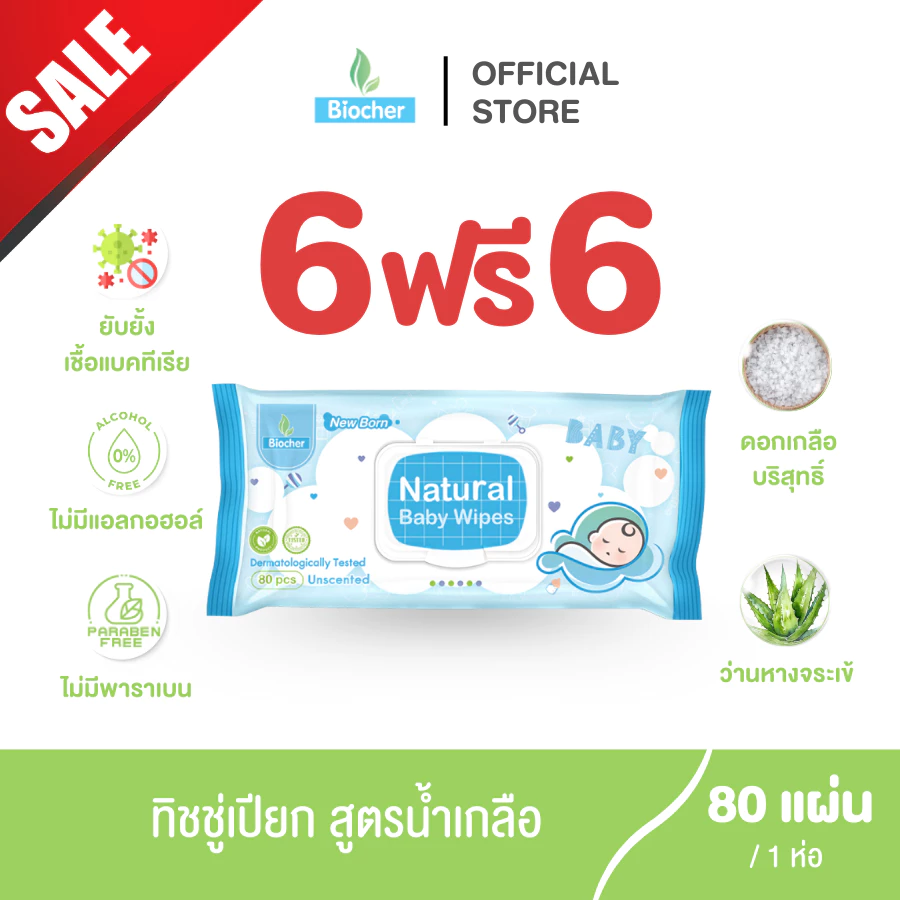 [เซต6ฟรี6] Biocher ทิชชู่เปียก (สูตรน้ำเกลือ) ขนาด80แผ่น เช็ดทำความสะอาดได้ทุกส่วนของร่างกาย [Exp.06/2027]