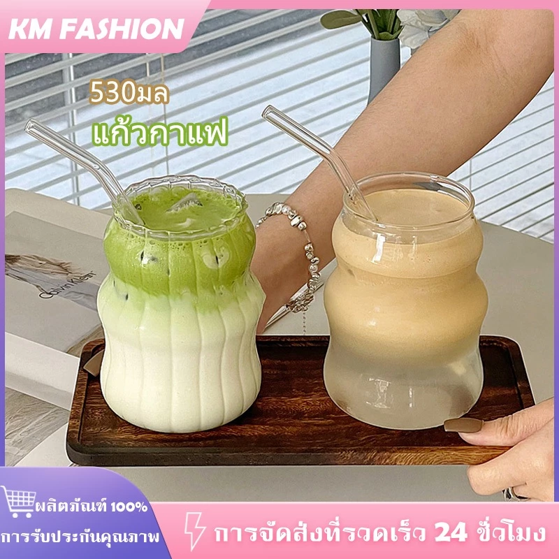 530 มล แก้วกาแฟ แก้วใส ถ้วยแก้ว โทนมินิมอล แก้วใสลายตรง สไตล์เกาหลี ทนความร้อน ใส่ได้ทั้งร้อนและเย็น
