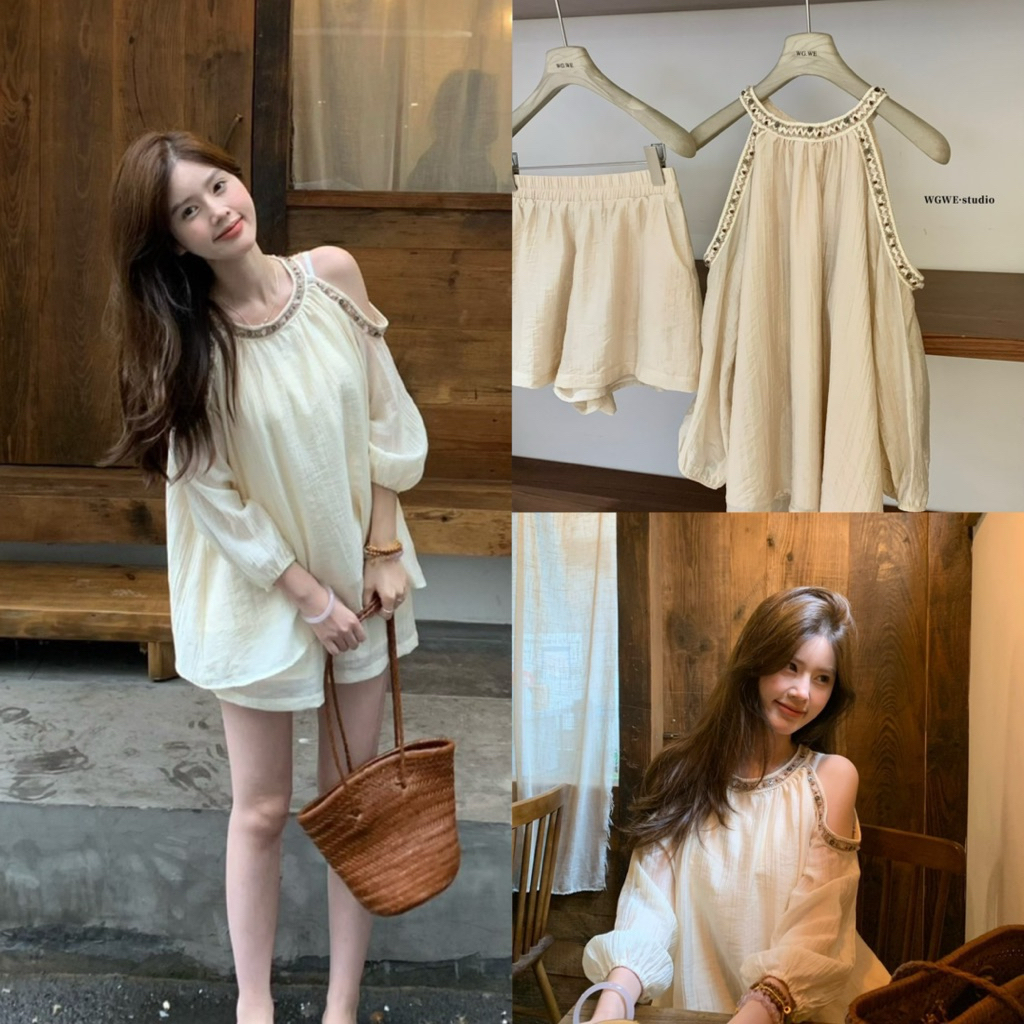 📍พร้อมส่ง📍8719💌Set 2 pcs เสื้อแขนยาวเว้าไหล่ ติดกระดุมคอด้านหลัง + กางเกงขาสั้น เอวยางยืด เนื้อดี งานสวย TAG:WG.WE 🇰🇷