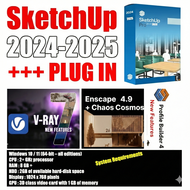 SketchUp Pro 2024-2025 + เครื่องมือเสริม (Render) ครบชุด ติดตั้งง่าย