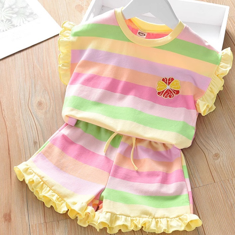 ชุดเด็กผู้หญิง ชุดเสื้อยืดและกางเกงขาสั้นลายทางสีรุ้งสุดชิคสำหรับฤดูร้อน สไตล์ลำลอง - รูปที่ 4