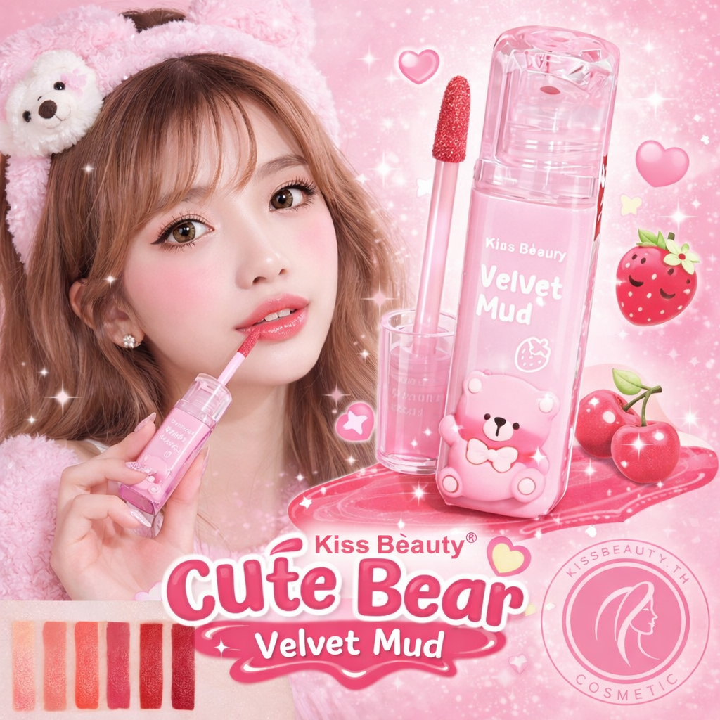 Kiss Beauty Cute Bear ลิปทิ้นท์ Velvet Mud สีสันสดใส เพิ่มความชุ่มชื้นให้ริมฝีปาก ลิปทินท์เนื้อน้ำ