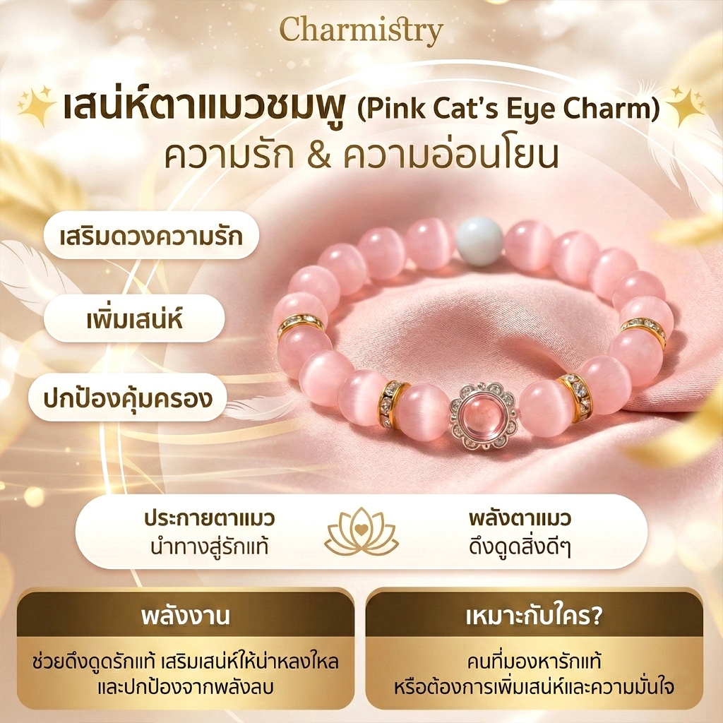 Charmistry-กำไลหินตาแมวสีชมพูพาสเทล แต่งอะไหล่ทอง จี้ดอกไม้ เสริมดวงความรัก การงาน (มีกล่องของขวัญ)
