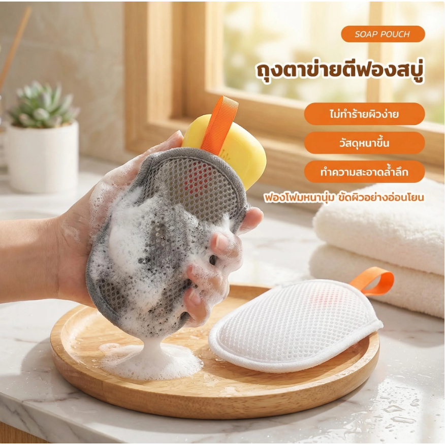 ถุงตาข่ายอาบน้ำ ใส่สบู่ได้ ฟองเยอะ ล้างสะอาด ขัดผิวนุ่มไม่บาดผิว ใช้ซ้ำได้ทนทาน