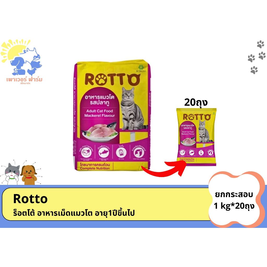 20*1kg [1กระสอบ] อาหารแมวร๊อตโต้ Rotto รสปลาทู อาหารเม็ดควบคุมความเค็ม 20*1kg [1กระสอบ]