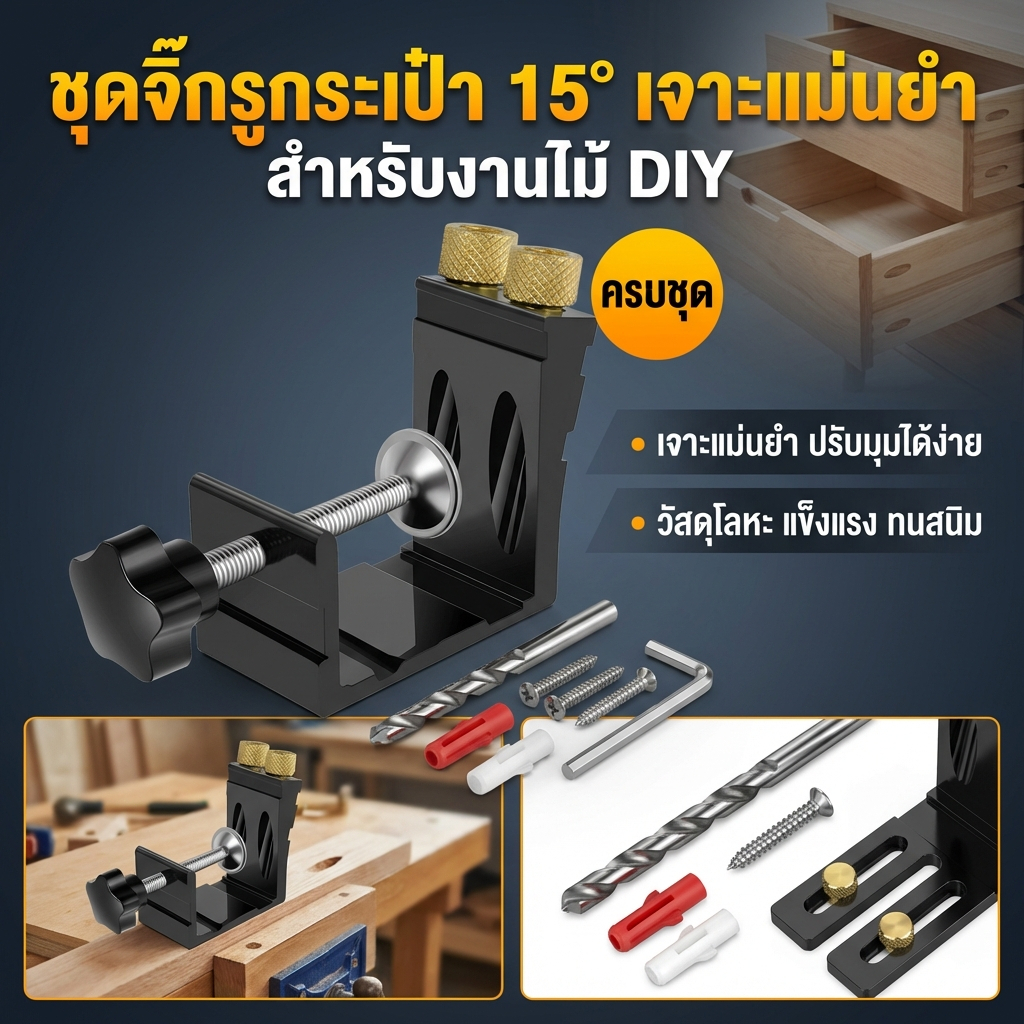47 ชิ้น จิ๊กเจาะเอียง 15 องศา ปรับได้ อลูมิเนียม จิ๊กเจาะรูไม้ ชุดเครื่องมือช่างไม้ จิ๊กเจาะเอียง เจาะรูไม้