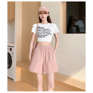 Bella Shop กางเกงขาสั้น กางเกง ขาสั้น ผู้หญิงแฟชั่น ลำลองทรงหลวม สีพื้น สไตล์เกาหลี เอวยางยืด น่ารัก