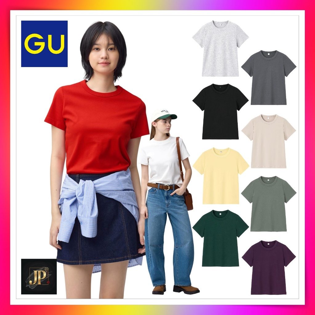 เสื้อยืด GU คอตตอนเนื้อลื่น คอเต่า【GU Cotton Smooth Crew Neck T-shirt】