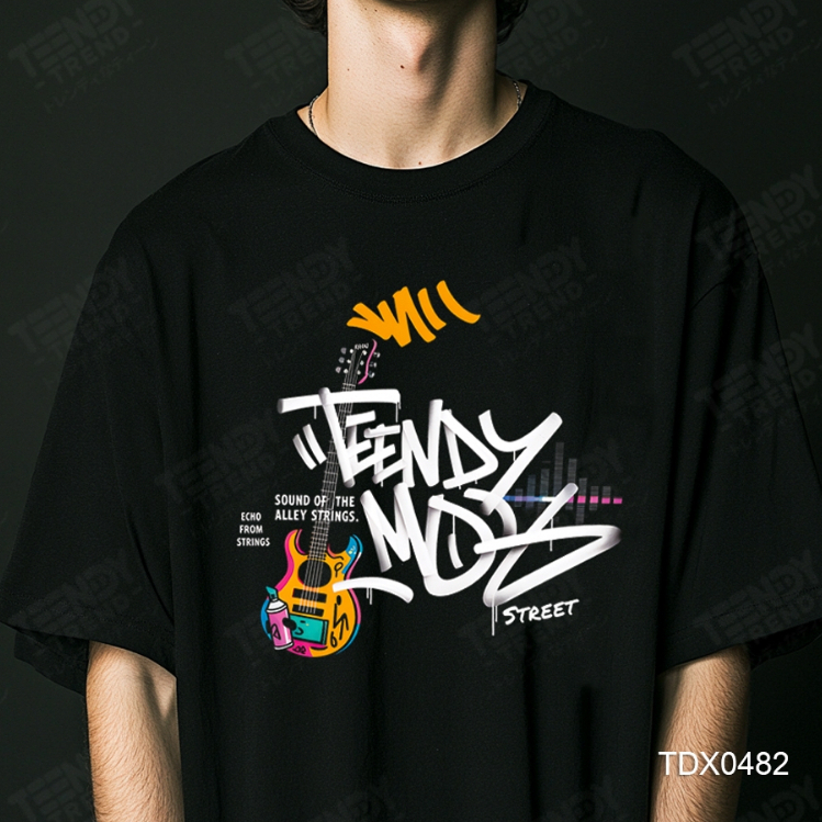 Teendy Trend เสื้อยืดผู้ชาย ผู้หญิง คอตตอน ลายguitar สีดำ รุ่นTDX0482-BL