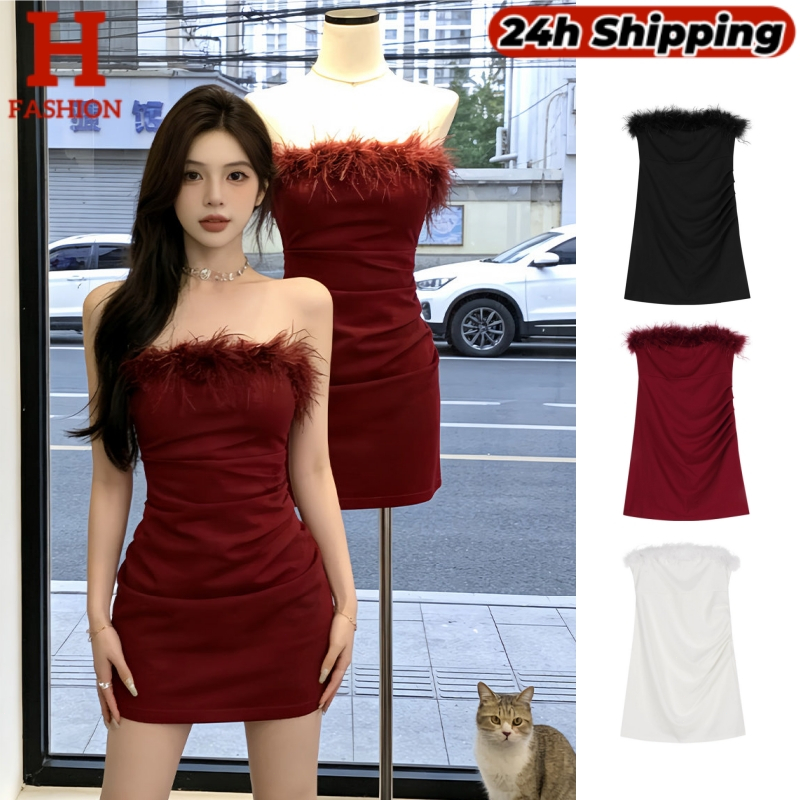 HOT พร้อมส่งจากไทย ชุดมินิเดรส สีดำ ไม่มีฟองน้ำ ดีเทลแต่งขนมุงมิ้ง FY2490