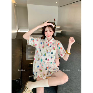 EM.HINT Hawaii set pleat ชุดเซต เสื้อฮาวาย พลีท free size อก44“