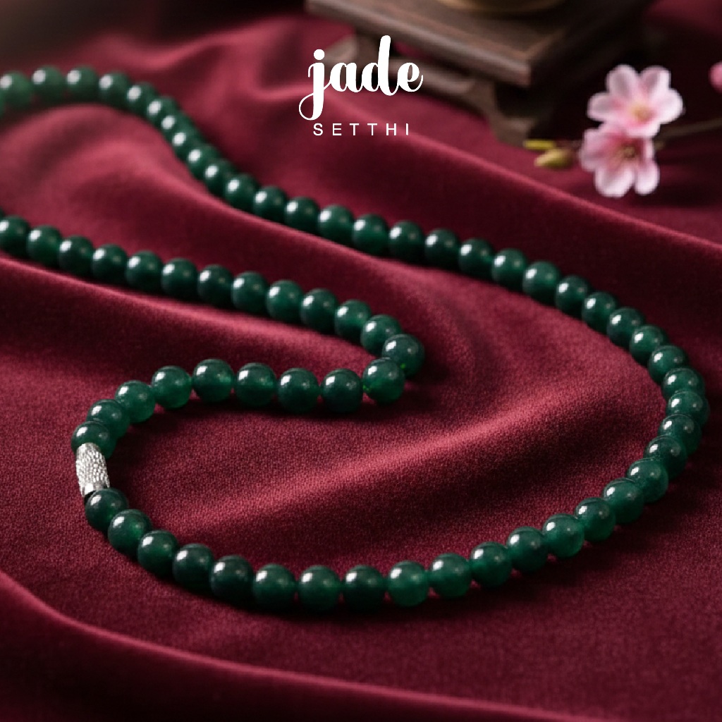 สร้อยคอหยกเขียวเข้มเนื้อใส 6.8 มิล ยาว 23 นิ้ว Jade Jadeite Type A