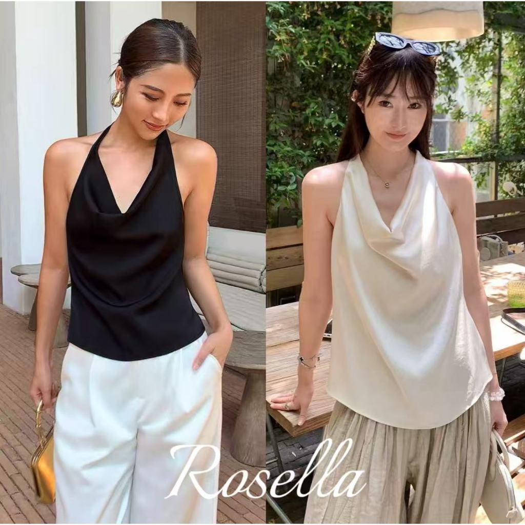 Rosella【สินค้าใหม่👗】เสื้อสายเดี่ยวสีขาวทรงหลวม คอคล้องหลัง สวยมากสำหรับผู้หญิง