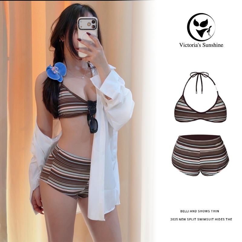 ☀️จัดส่งตอนนี้☀️ บิกินี่ทูพีช swimsuit bikini เว้าหลัง ลายทางสไตล์เรโทร เที่ยวทะเล#0988