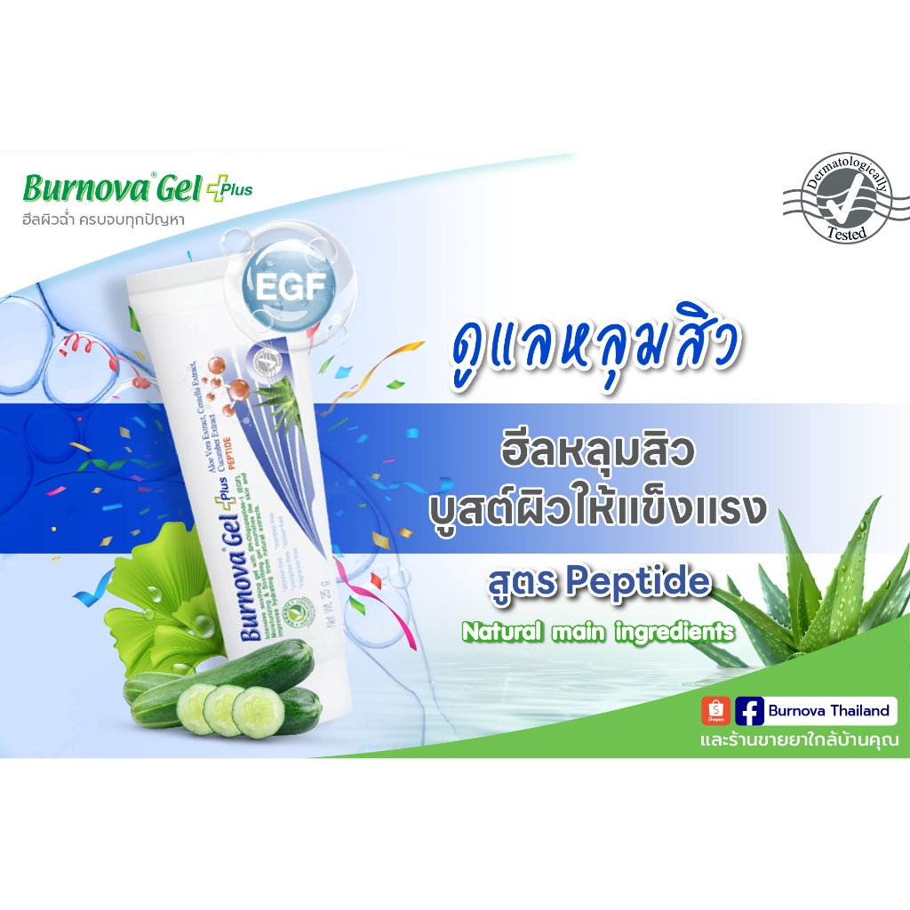 รุ่นเปปไทด์(สีน้ำเงิน) Burnova Gel Plus Peptide 25g เจลว่านหางจระเข้ สูตรดูแล รอยสิว หลุมสิว