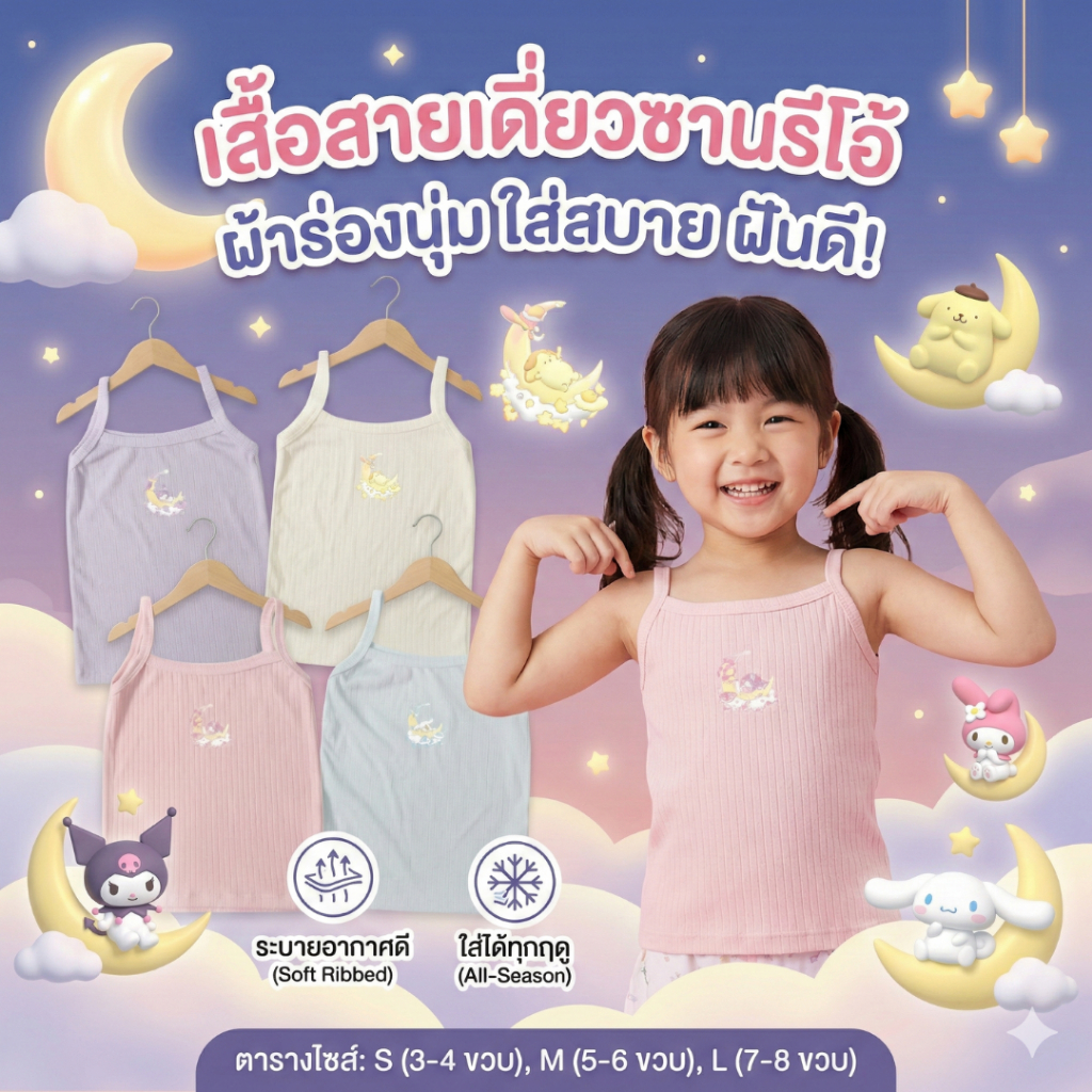 เสื้อสายเดี่ยวเด็กหญิง เสื้อแขนกุดเด็ก ผ้าร่องนุ่ม ลายซานรีโอ้ ระบายอากาศดี ใส่สบาย ใส่ได้ทุกฤดู 10-30 กิโลกรัม 🧵💖