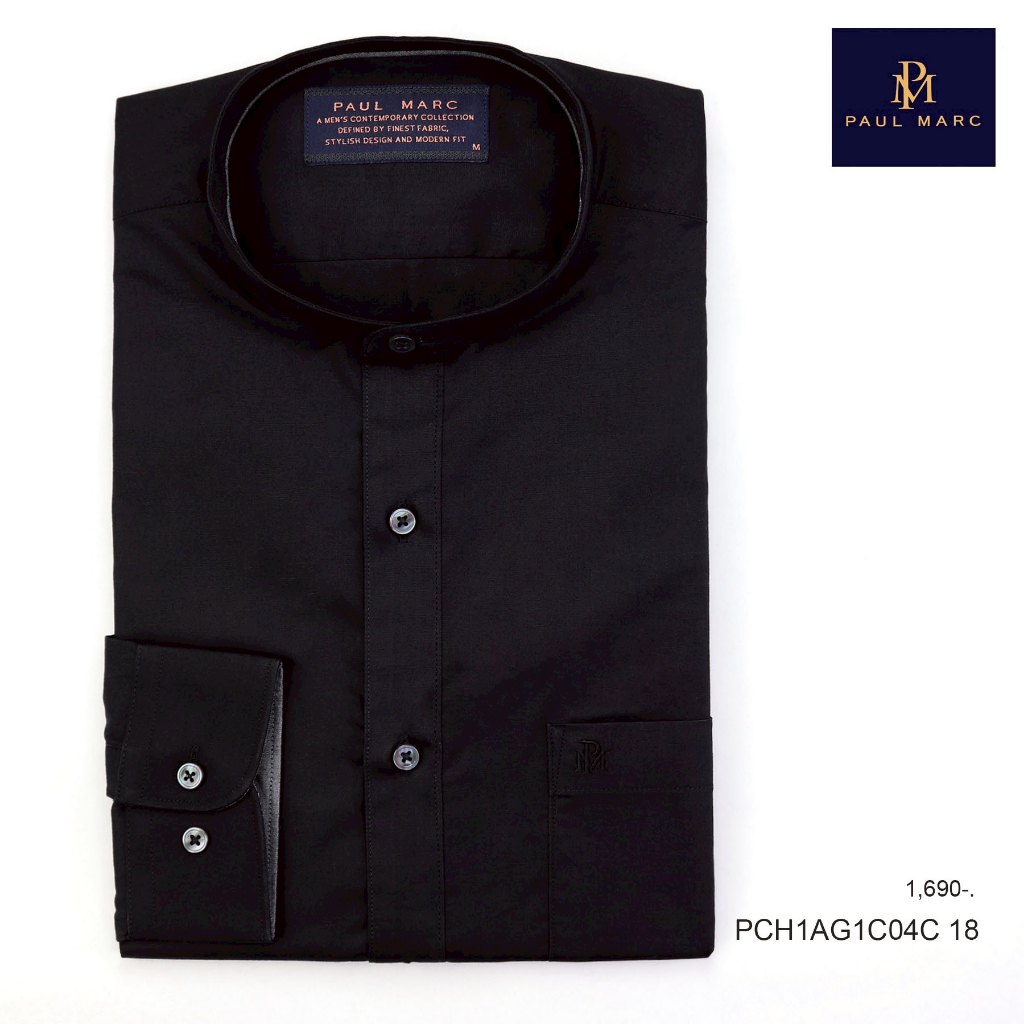 PAUL MARC เสื้อเชิ๊ตสีดำแขนยาว คอจีน มินิมอล สไตล์เกาหลี slim fit ผ้านุ่ม รีดง่าย ยับยาก PCH1AG1C04C