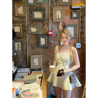 cherryshop พร้อมส่ง ชุดเดรสกระโปรงลายจุดคอเหลี่ยมสไตล์ฝรั่งเศสสำหรับผู้หญิงช่วงฤดูร้อน ทรงเอไลน์สลิม หวาน ใส่ไปเดทได้
