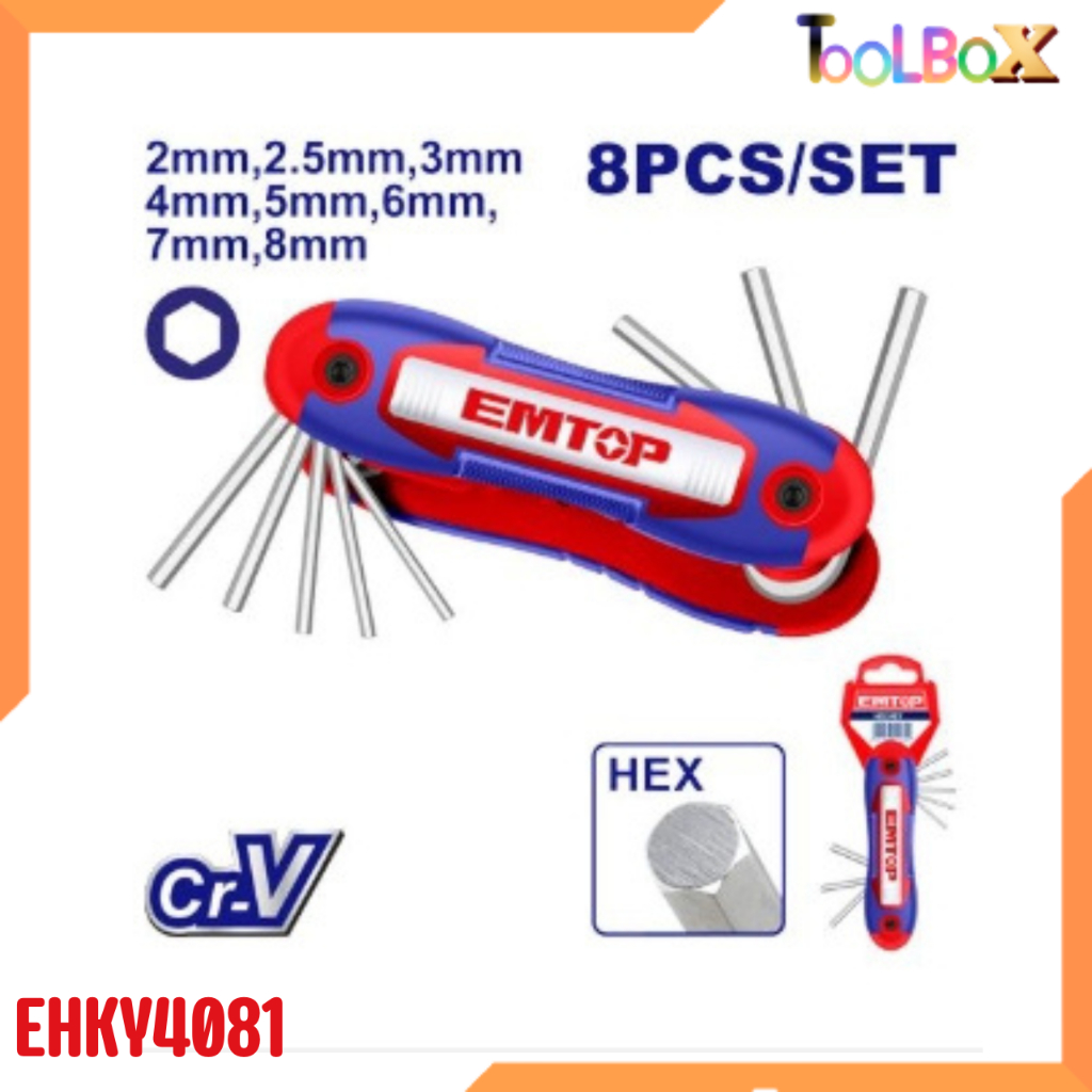 ตลับกุญแจหกเหลี่ยม 8 ตัว/ชุด 2-8mm. EMTOP EHKY4081 / ingco HHK14081