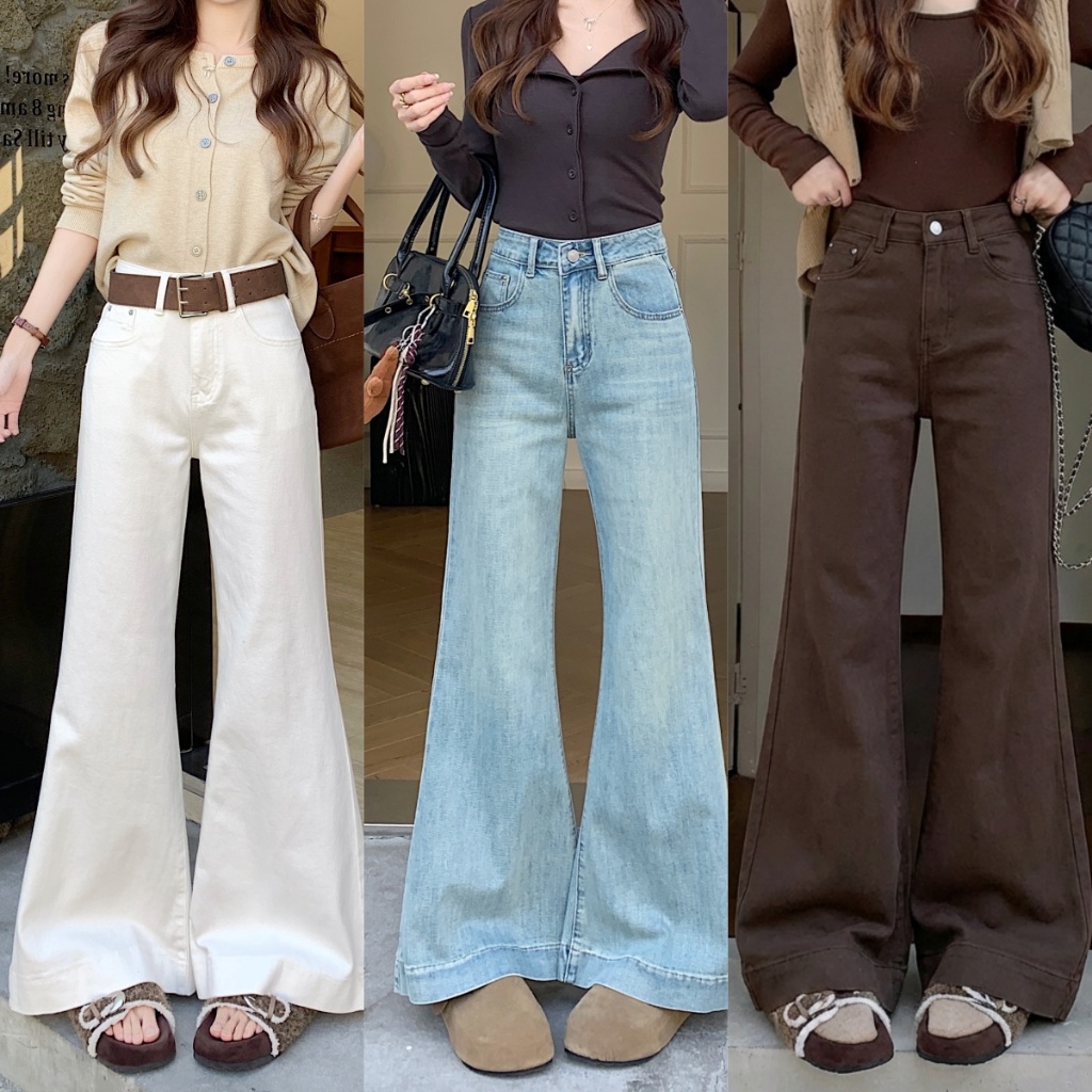 Beryl กางเกงยีนส์ขายาวทรงบานเอวสูงสไตล์เรโทรสำหรับผู้หญิงS-XL สไตล์เกาหลีเรียบง่าย สวมใส่สบาย